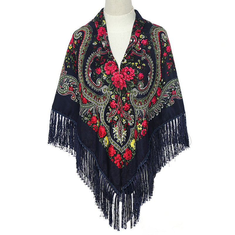 Boho Retro Large Square Scarf Floral Printing Tassel Headband Winter Shawl