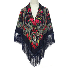 Boho Retro Large Square Scarf Floral Printing Tassel Headband Winter Shawl