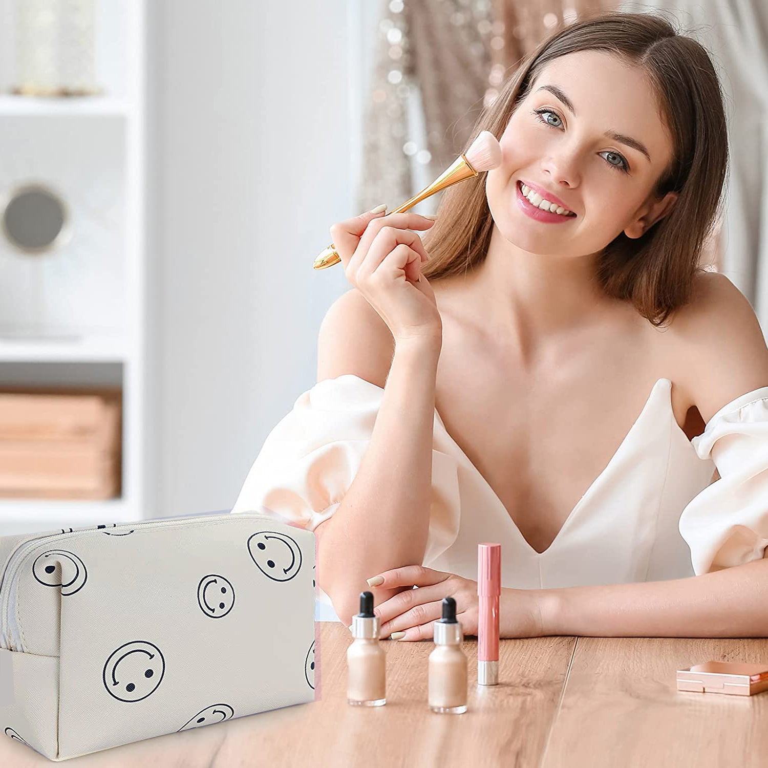 Smiling Face Makeup Bag Waterproof PU Leather Cosmetic Pouch for Women