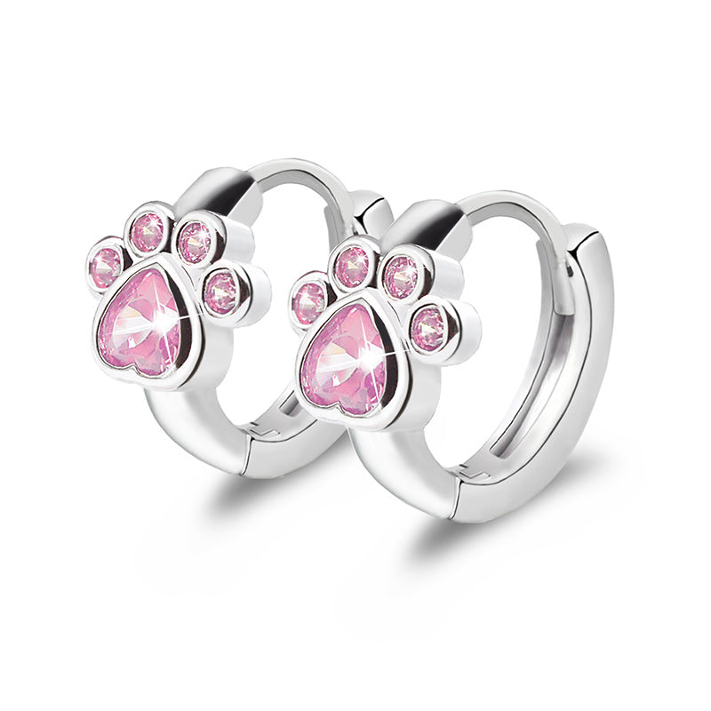 Cat & Dog Paw Small Hoop Earrings 925 Silver Pink Diamond