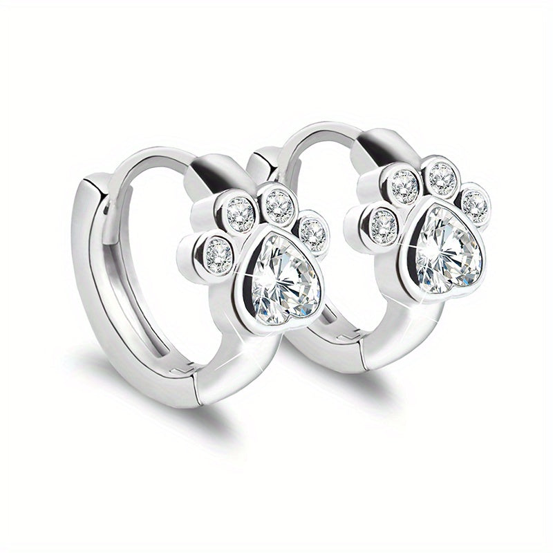 Cat & Dog Paw Small Hoop Earrings 925 Silver Pink Diamond