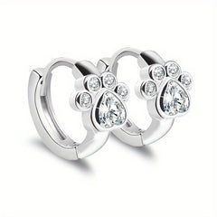 Cat & Dog Paw Small Hoop Earrings 925 Silver Pink Diamond
