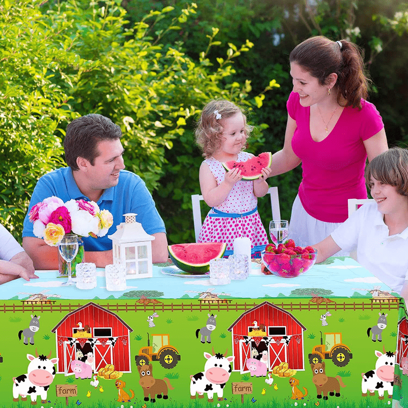 Green Farm Party Tablecloth for Kids' Cow Grass Theme Birthday