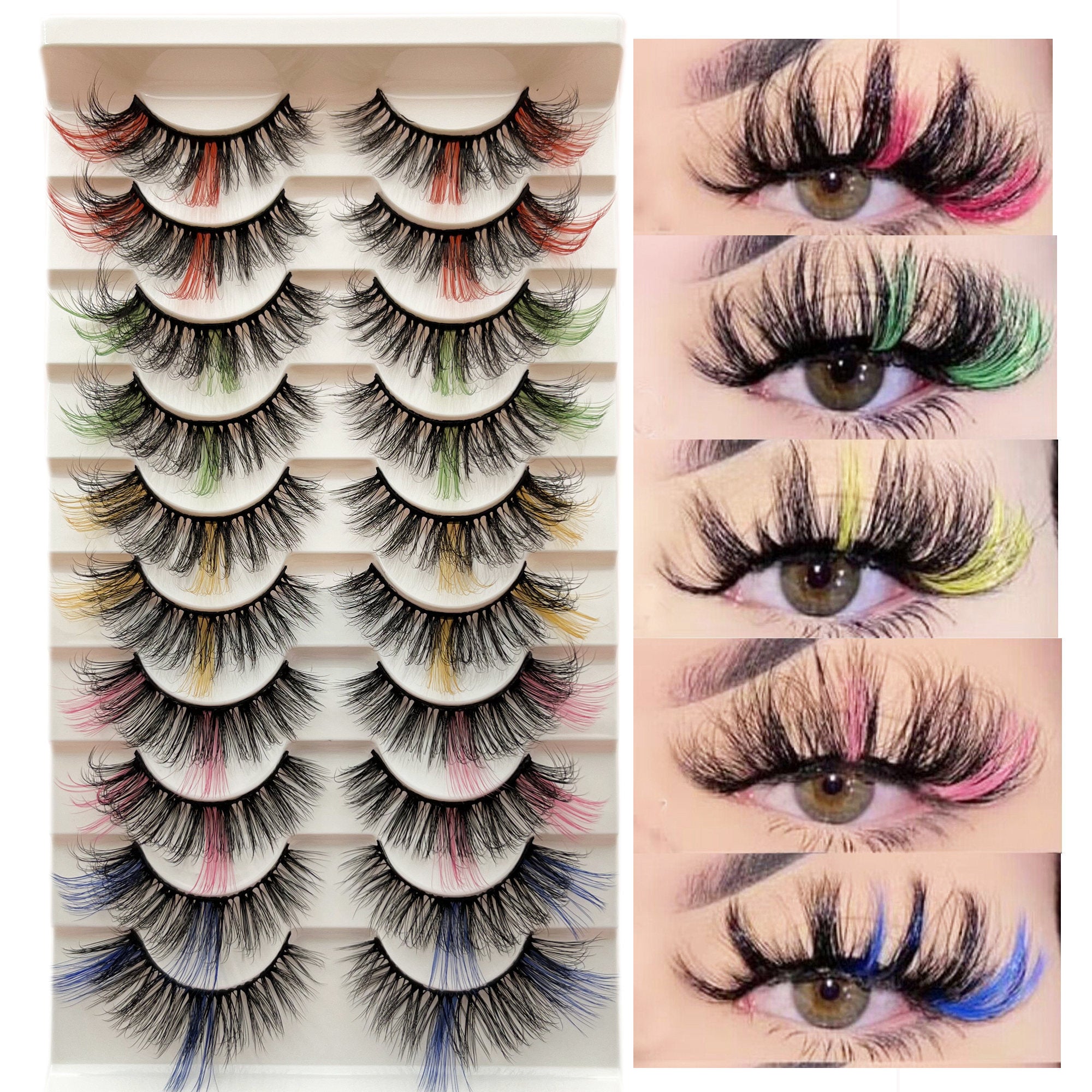 10 Pairs Colored False Eyelashes Pack - Faux Wispy Mink Lashes in 10 Colors