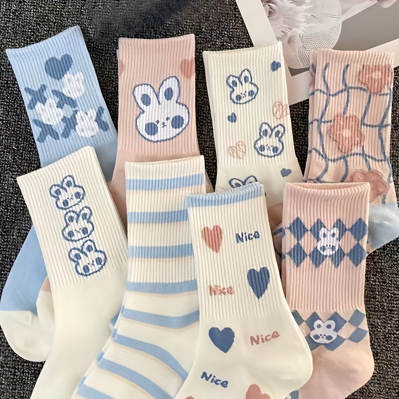 8 Pairs Cute Cartoon Bunny Crew Socks for Women