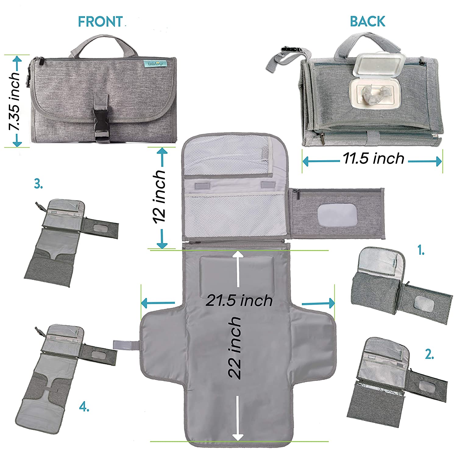 Portable Diaper Changing Pad with Wet Wipe Bag