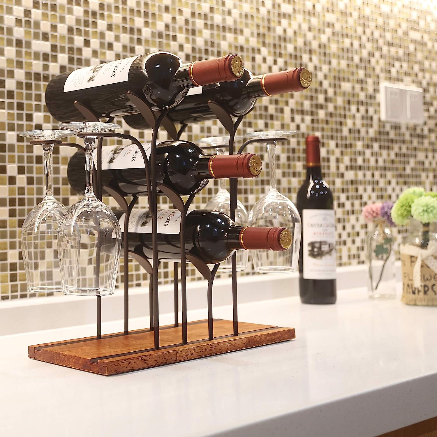 Stylish Tabletop Wine Rack for 4 Bottles and 4 Glasses Wood and Metal Constr