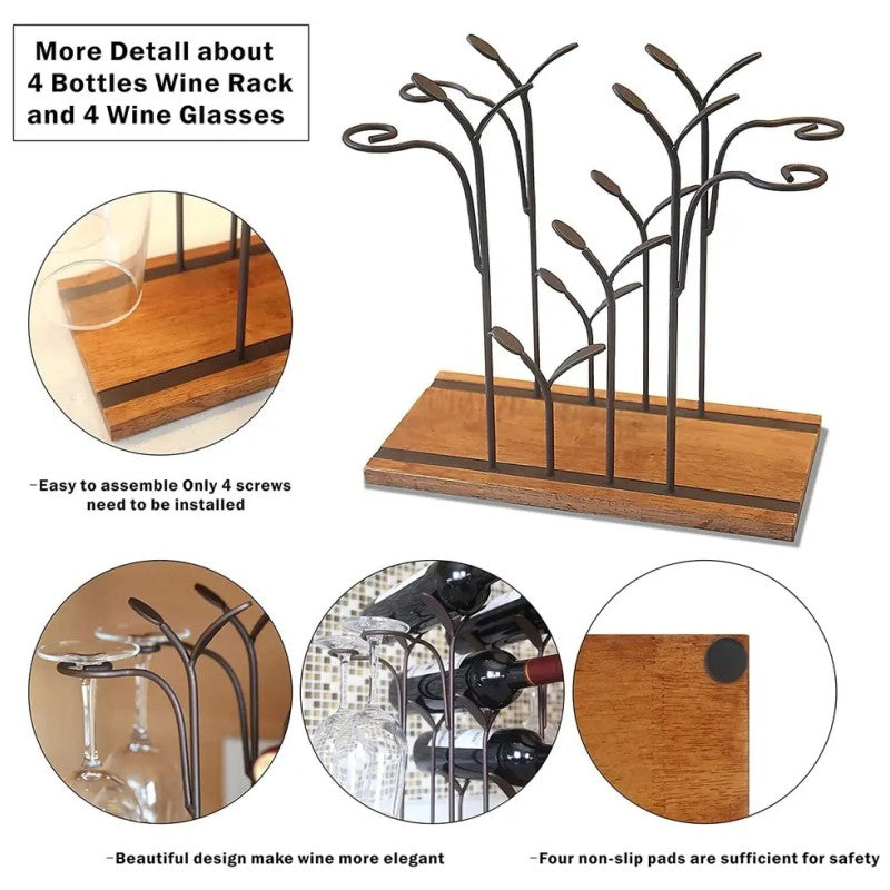 Stylish Tabletop Wine Rack for 4 Bottles and 4 Glasses Wood and Metal Constr