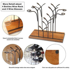 Stylish Tabletop Wine Rack for 4 Bottles and 4 Glasses Wood and Metal Constr