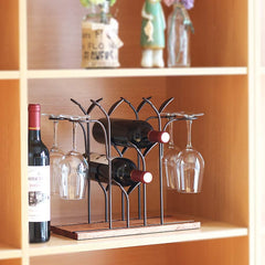 Stylish Tabletop Wine Rack for 4 Bottles and 4 Glasses Wood and Metal Constr
