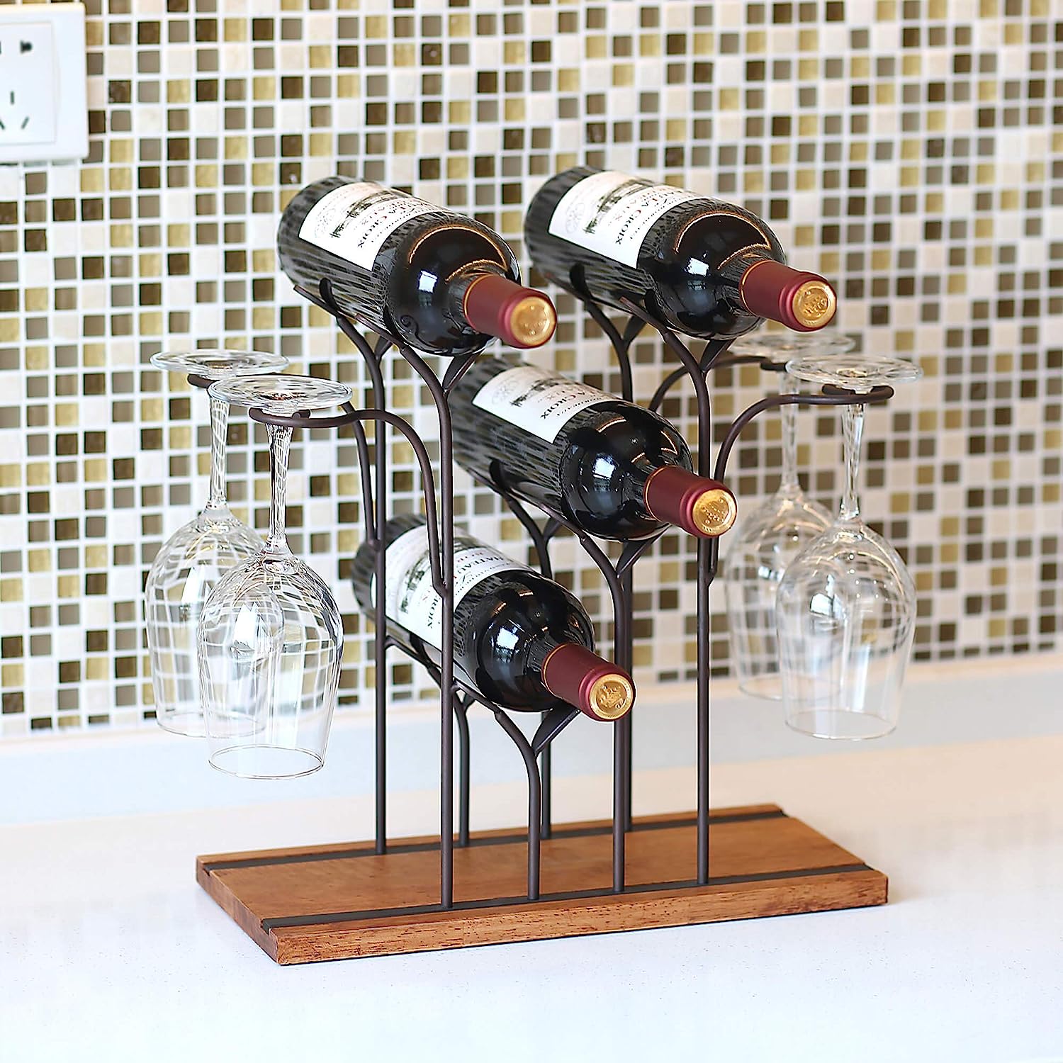 Stylish Tabletop Wine Rack for 4 Bottles and 4 Glasses Wood and Metal Constr