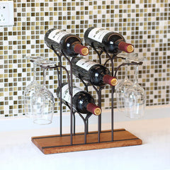 Stylish Tabletop Wine Rack for 4 Bottles and 4 Glasses Wood and Metal Constr