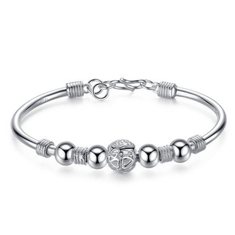 Hollow Heart Pattern Bead Stainless Steel Bangle Bracelet