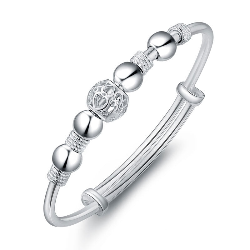 Hollow Heart Pattern Bead Stainless Steel Bangle Bracelet