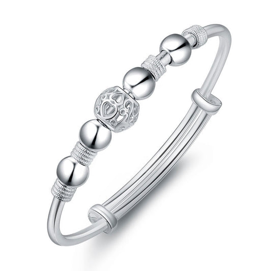 Hollow Heart Pattern Bead Stainless Steel Bangle Bracelet