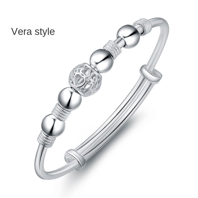 Hollow Heart Pattern Bead Stainless Steel Bangle Bracelet
