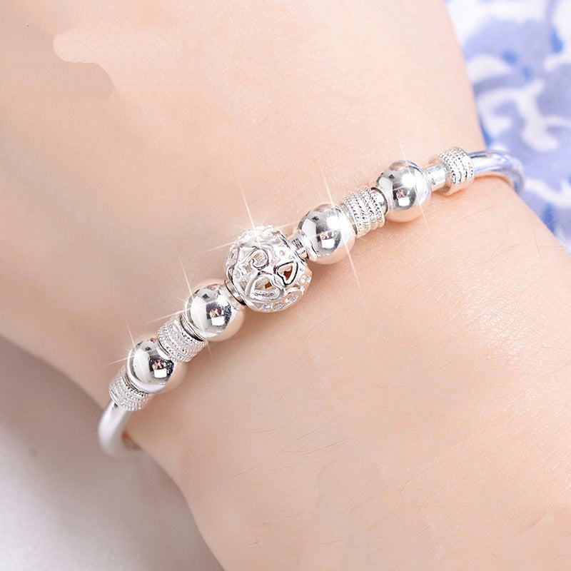 Hollow Heart Pattern Bead Stainless Steel Bangle Bracelet