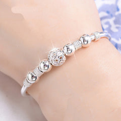Hollow Heart Pattern Bead Stainless Steel Bangle Bracelet