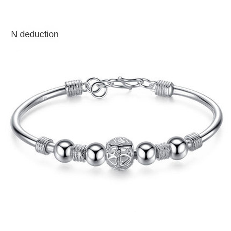 Hollow Heart Pattern Bead Stainless Steel Bangle Bracelet