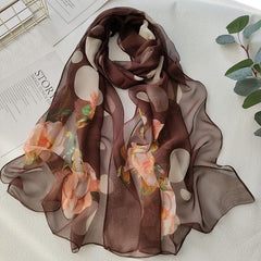 Flower Print Chiffon Silky Long Scarf Breathable Sunscreen Beach Shawl