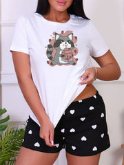 Cartoon Print Sleep Top Short Sleeve Crew Neck Women's Loungewear
