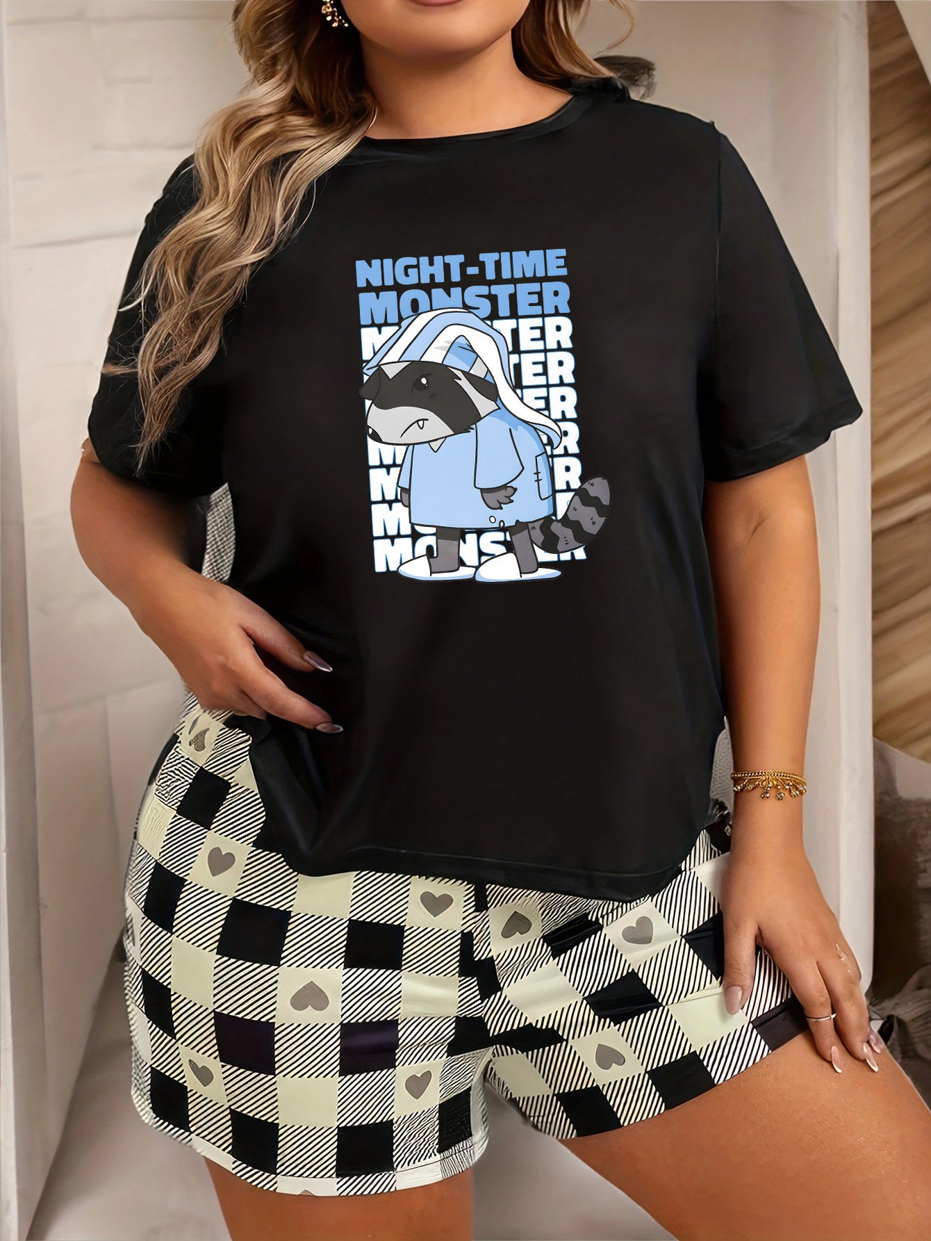 Raccoon Print Short Sleeve Crew Neck Top Women's Loungewear