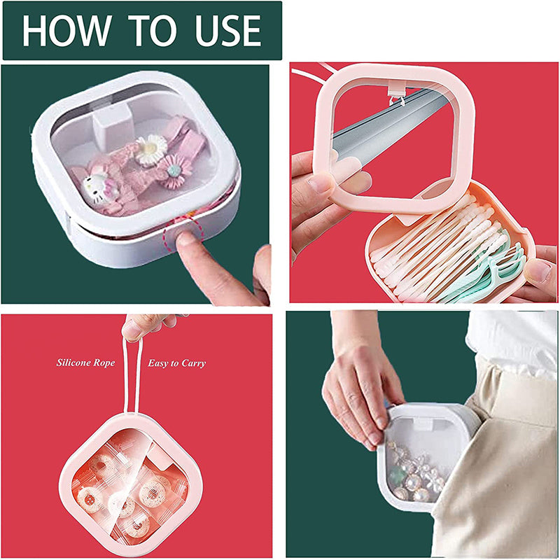 Portable Hair Band Storage Box with Q Tip Bracket and Cotton Swab Dispenser