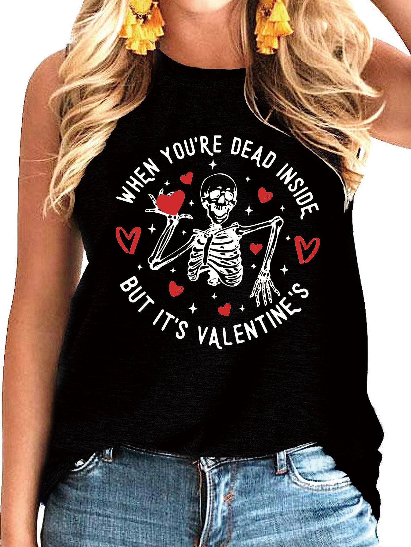 Skull & Letter Print Crew Neck Tank Top for Women