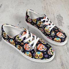 Women's Halloween Skull Print Skate Shoes Lightweight Lace Up Casual Sneakers