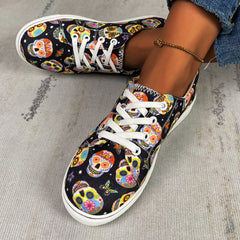 Women's Halloween Skull Print Skate Shoes Lightweight Lace Up Casual Sneakers