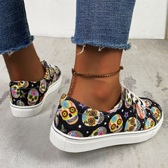 Women's Halloween Skull Print Skate Shoes Lightweight Lace Up Casual Sneakers