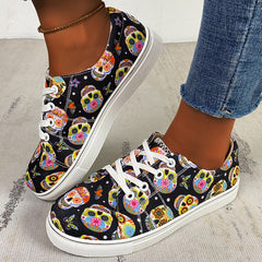 Women's Halloween Skull Print Skate Shoes Lightweight Lace Up Casual Sneakers