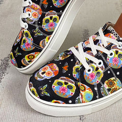 Women's Halloween Skull Print Skate Shoes Lightweight Lace Up Casual Sneakers