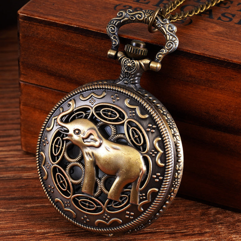 3D Elephant Engraved Vintage Skeleton Steampunk Pocket Watch