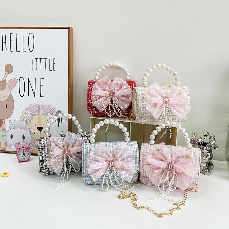 High-end Kids Crossbody Bag w/ Bow & Pearl Handle Single Shoulder Bag