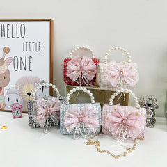 High-end Kids Crossbody Bag w/ Bow & Pearl Handle Single Shoulder Bag