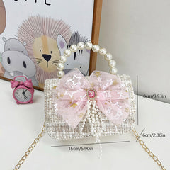 High-end Kids Crossbody Bag w/ Bow & Pearl Handle Single Shoulder Bag
