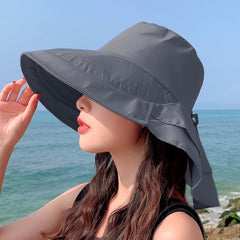 Women Ponytail Bucket Hat Neck Flap Adjustable Lanyard Solid Sun Hat
