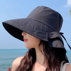 Women Ponytail Bucket Hat Neck Flap Adjustable Lanyard Solid Sun Hat