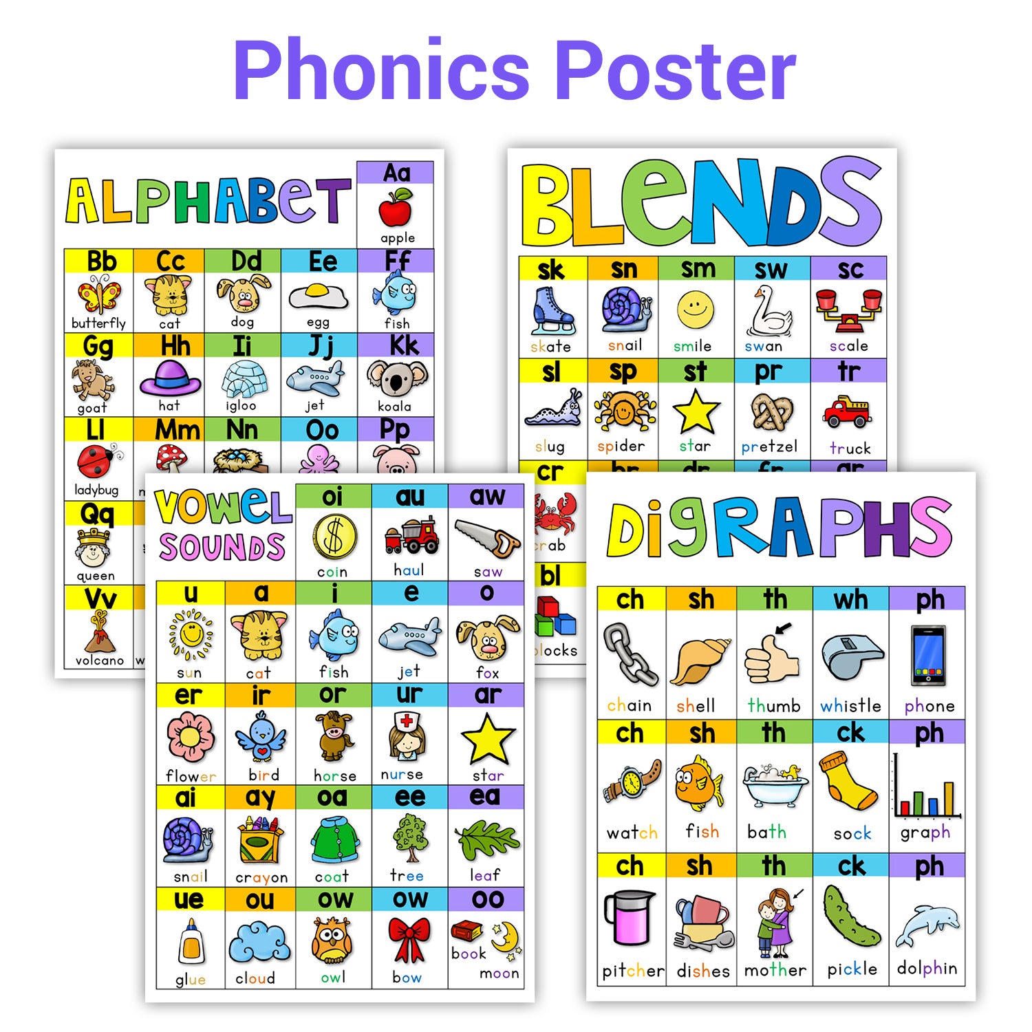 4 Pcs Phonics Spelling Classroom A4 Posters Education Teaching Aids