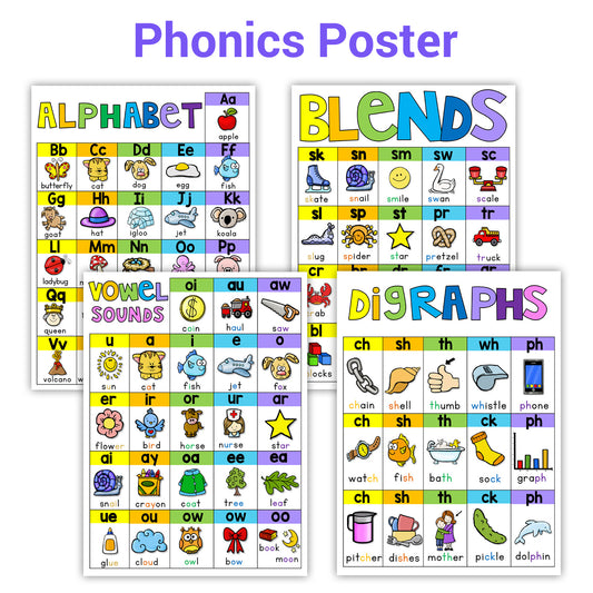 4 Pcs Phonics Spelling Classroom A4 Posters Education Teaching Aids