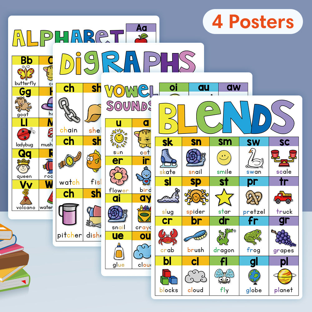4 Pcs Phonics Spelling Classroom A4 Posters Education Teaching Aids