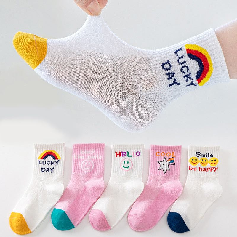 5 Pairs Girls Kids Smile Face Pattern Crew Socks