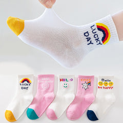 5 Pairs Girls Kids Smile Face Pattern Crew Socks