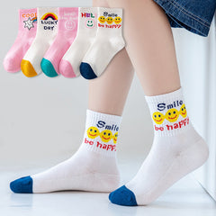 5 Pairs Girls Kids Smile Face Pattern Crew Socks