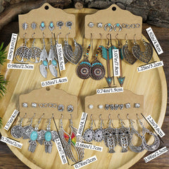 Vintage Boho Style Earrings Set Leaf Wing Tree Of Life Owl Pattern Drop Earrings