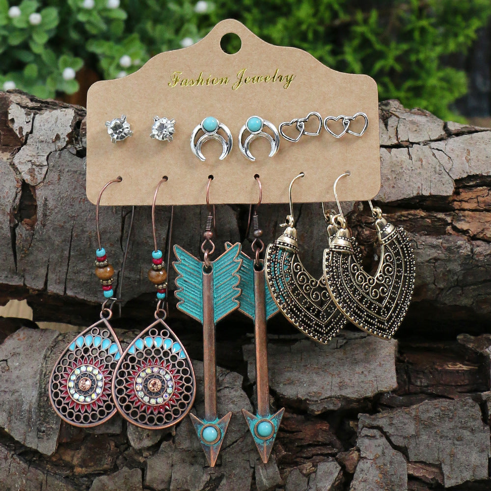 Vintage Boho Style Earrings Set Leaf Wing Tree Of Life Owl Pattern Drop Earrings