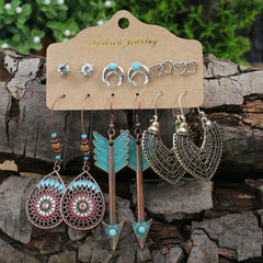 Vintage Boho Style Earrings Set Leaf Wing Tree Of Life Owl Pattern Drop Earrings