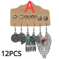 Vintage Boho Style Earrings Set Leaf Wing Tree Of Life Owl Pattern Drop Earrings