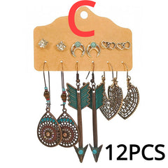 Vintage Boho Style Earrings Set Leaf Wing Tree Of Life Owl Pattern Drop Earrings